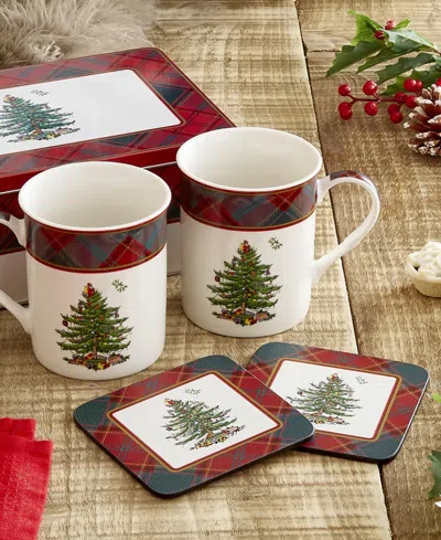 Spode Christmas Tree Tartan 5-pc. Mug & Tin Coaster Set In Multi
