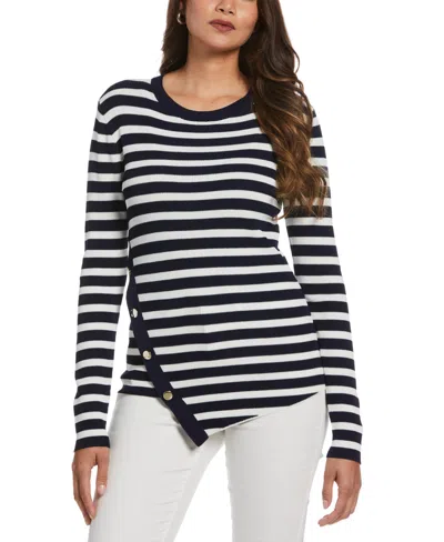 Ella Rafaella Women's Snap Trim Stripe Asymmetrical Sweater In Blue