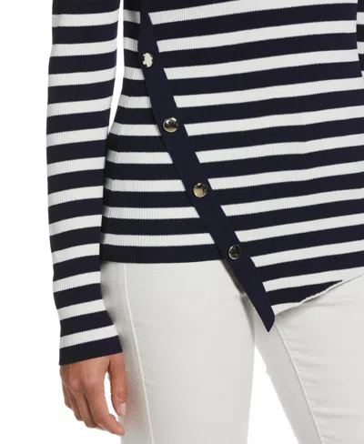 Ella Rafaella Women's Snap Trim Stripe Asymmetrical Sweater In Blue