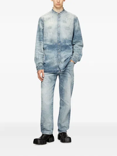 Diesel Denim Long Sleeve Shirt With Mandarin Collar In Blue