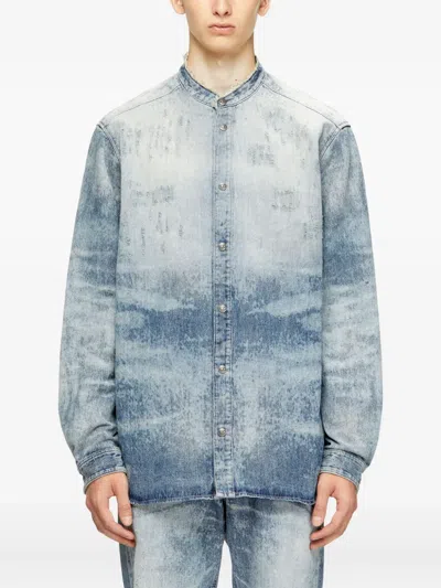 Diesel Denim Long Sleeve Shirt With Mandarin Collar In Blue