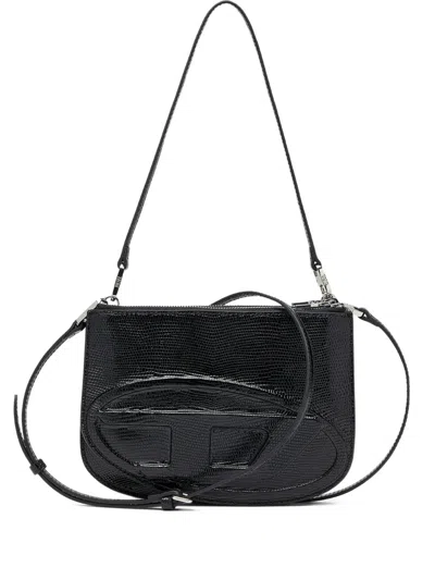 Diesel Twin-double-pouch Embossed-leather Shoulder Bag In Black