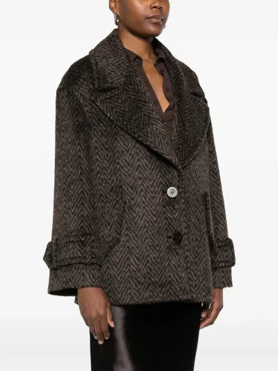 Dondup Herringbone-pattern Button Coat In Brown
