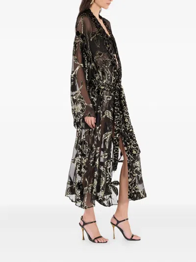 Roberto Cavalli See-through Robe With Floral Pattern In Black