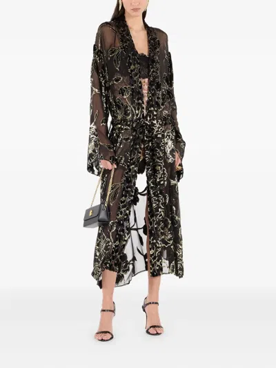 Roberto Cavalli See-through Robe With Floral Pattern In Black