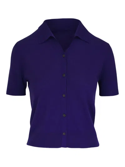 Vince Collared Button Up Short Sleeve Sweater In Deep Iris In Purple