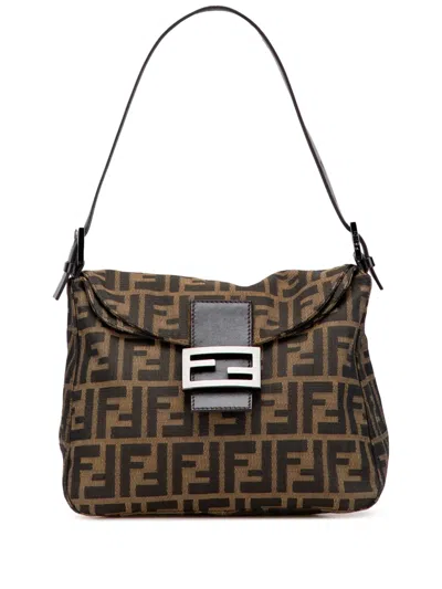 Pre-owned Fendi 2000-2010 Zucca Canvas Double Flap Shoulder Bag In Brown