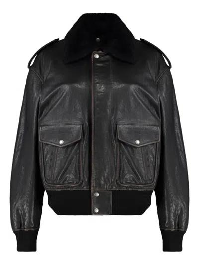 Saint Laurent Black Jacket With Removable Fur Collar In Leather Woman In Animal Print