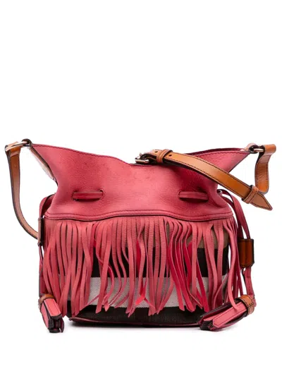 Pre-owned Burberry 2000-2017 Small Mega Check Canvas And Suede Fringe Belgrove Bucket Bag In Brown