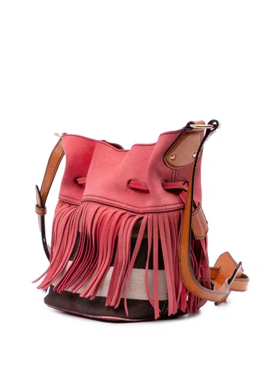 Pre-owned Burberry 2000-2017 Small Mega Check Canvas And Suede Fringe Belgrove Bucket Bag In Brown