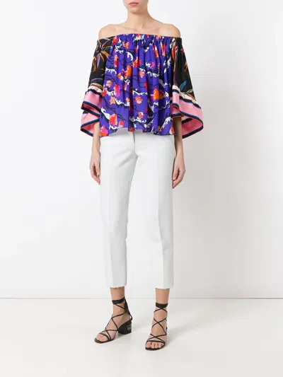 Pucci Off Shoulder Floral Blouse In Blue