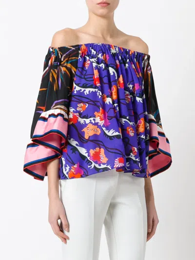 Pucci Off Shoulder Floral Blouse In Blue