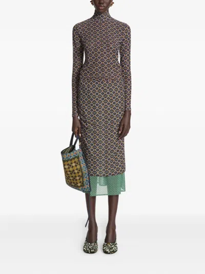 Dries Van Noten Women Brown Printed Mesh Layered Midi Skirt In Multi