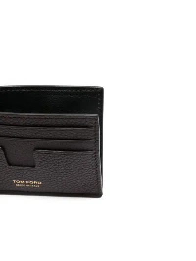 Tom Ford Black Card Holder With Embossed Lgoo Lettering On The Front And Money Clip In Grained Leather Man In Brown