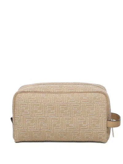 Fendi Ff-motif Leather-trimmed Toiletry Bag In Neutral