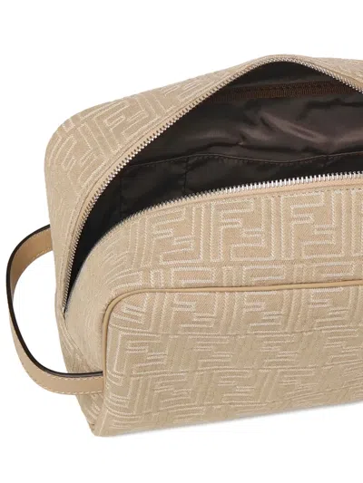 Fendi Ff-motif Leather-trimmed Toiletry Bag In Neutral