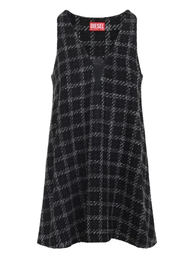 Diesel Mini Dress Checked Pattern Sleeveless V-neckline In Black