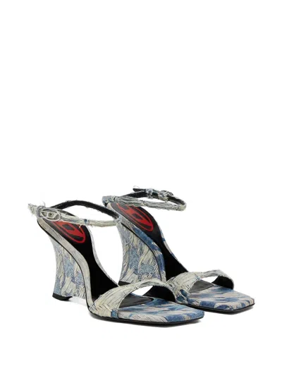 Diesel Jacquard Pattern Open Toe Wedge Sandals In Blue