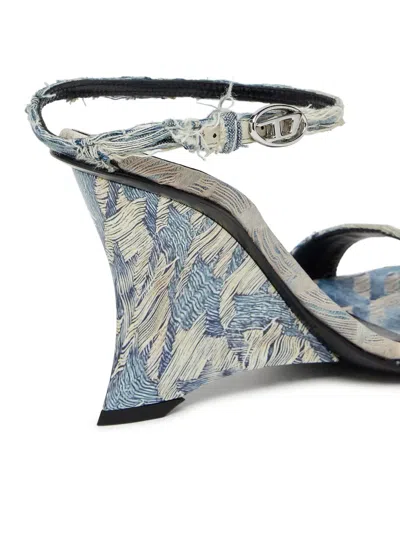 Diesel Jacquard Pattern Open Toe Wedge Sandals In Blue