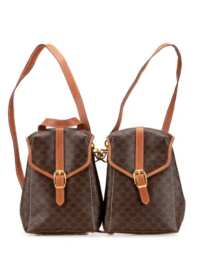 Pre-owned Celine 1995 Mini Macadam Coated Canvas Twin Backpack In Brown