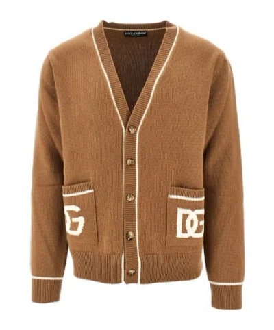 Dolce & Gabbana Crewneck Sweater With Ribbed Cuffs And Pockets In Brown
