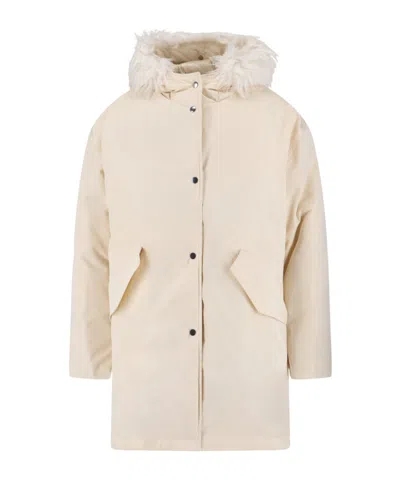 Jil Sander Hooded Longline Jacket With Faux Fur Trim In Neutral