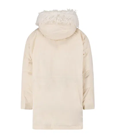 Jil Sander Hooded Longline Jacket With Faux Fur Trim In Neutral