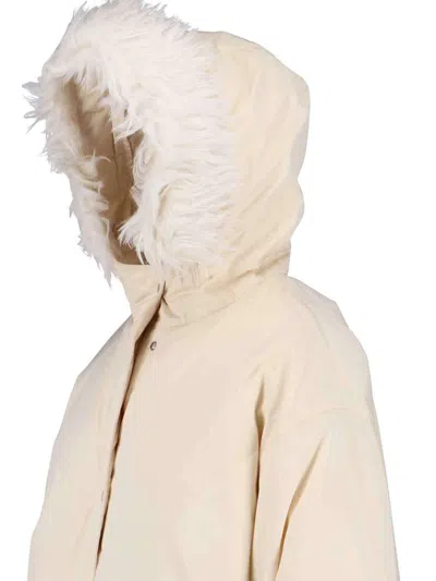 Jil Sander Hooded Longline Jacket With Faux Fur Trim In Neutral