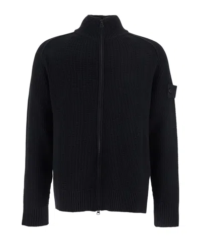 Stone Island Virgin Wool Blend Cardigan With High Collar In Black