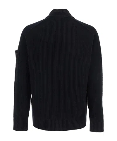 Stone Island Virgin Wool Blend Cardigan With High Collar In Black
