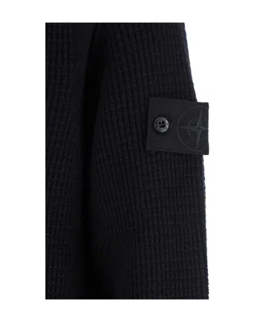 Stone Island Virgin Wool Blend Cardigan With High Collar In Black