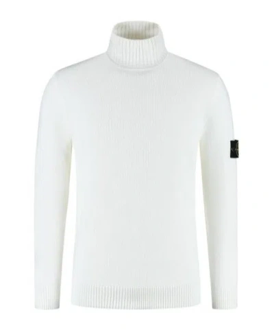 Stone Island Fitted Off-white Turtleneck Sweater With Logo Detail In White