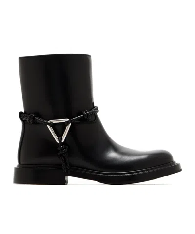 Bottega Veneta Women Black Ankle Boots With Metallic Detail On The Side And Applied Laces In Leather In Animal Print