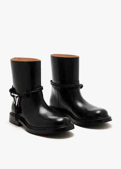 Bottega Veneta Women Black Ankle Boots With Metallic Detail On The Side And Applied Laces In Leather In Animal Print