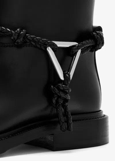 Bottega Veneta Women Black Ankle Boots With Metallic Detail On The Side And Applied Laces In Leather In Animal Print