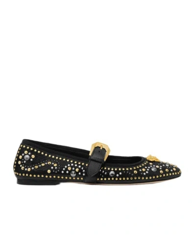 Versace Black Ballerinas With Studs Application And Buckle Closure In Leather Woman In Black