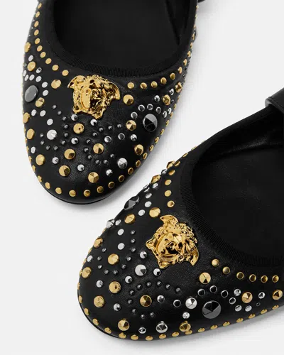 Versace Black Ballerinas With Studs Application And Buckle Closure In Leather Woman In Black