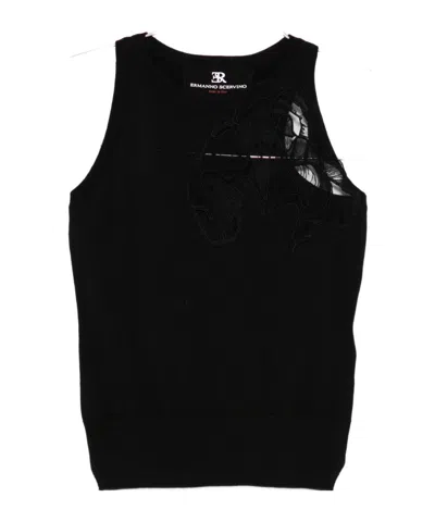 Ermanno Scervino Merino Racerback Tank Top Floral Embroidery In Black