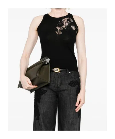 Ermanno Scervino Merino Racerback Tank Top Floral Embroidery In Black