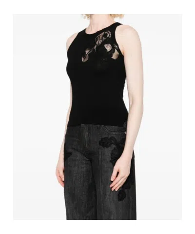 Ermanno Scervino Merino Racerback Tank Top Floral Embroidery In Black