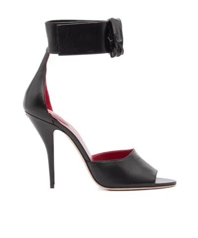 Valentino Embellished Rose Leather Sandals In Black