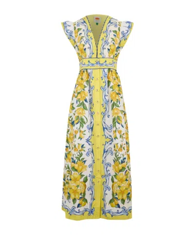 Farm Rio Off-white Sicily Scarf Organic Cotton Maxi Dress In Yellow