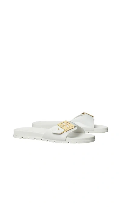 Tory Burch Slide Sandals With Metallic Buckle Accent In White