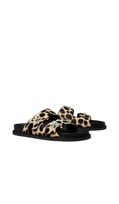 Tory Burch Round Toe Double Strap Animal Print Sandals In Black