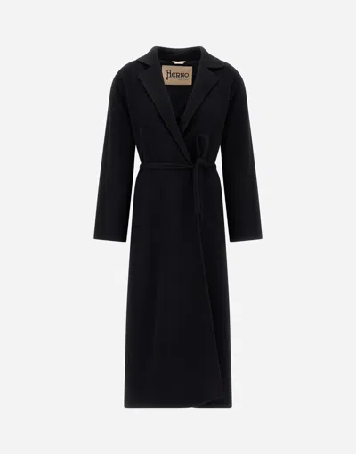 Herno Belted Coat In New Modern Wool In Black