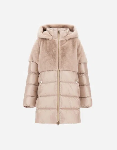 Herno A-shape Jacket In Nylon Ultralight And Lady Alternative Fur In Pink