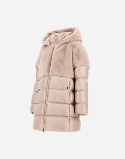 Herno A-shape Jacket In Nylon Ultralight And Lady Alternative Fur In Pink