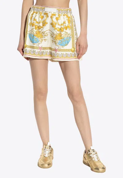 Versace Underwater Barocco Silk Shorts In Gold