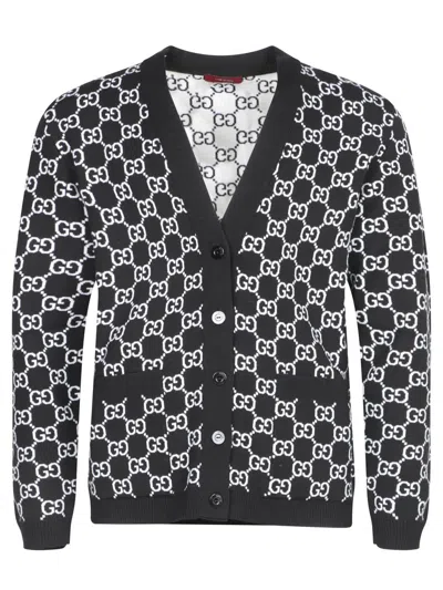 Gucci Black Reversible Cardigan With V Neck In Gg Canvas Woman