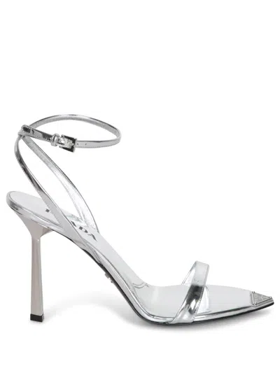 Prada Silver Metallic Leather High Sandals In Silver